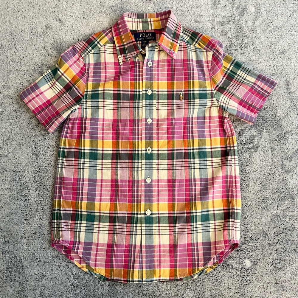 🌸POLO RALPH LAUREN Kids 100% Cotton Button Down Shirt Short Sleeve Pink US S (8)